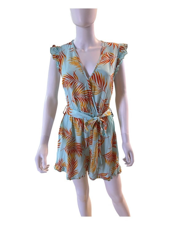 Cupshe Pants - EUC Cupshe teal orange tropical leaf flutter sleeve romper | size M